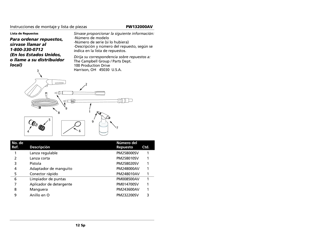 Campbell Hausfeld PW132000AV specifications No. de Número del Descripción Repuesto Ctd 