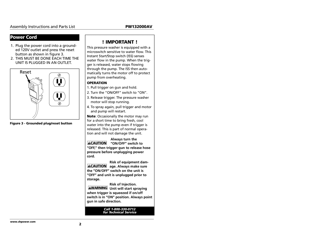 Campbell Hausfeld PW132000AV specifications Power Cord, Operation 