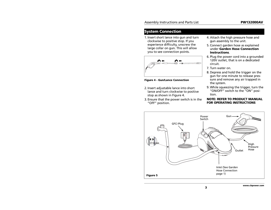 Campbell Hausfeld PW132000AV specifications System Connection, Gun/Lance Connection 