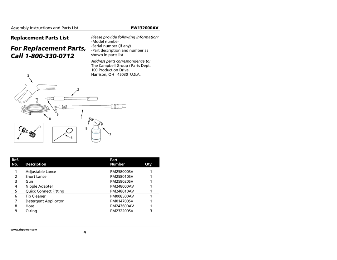 Campbell Hausfeld PW132000AV specifications Replacement Parts List, Part Description Number Qty 