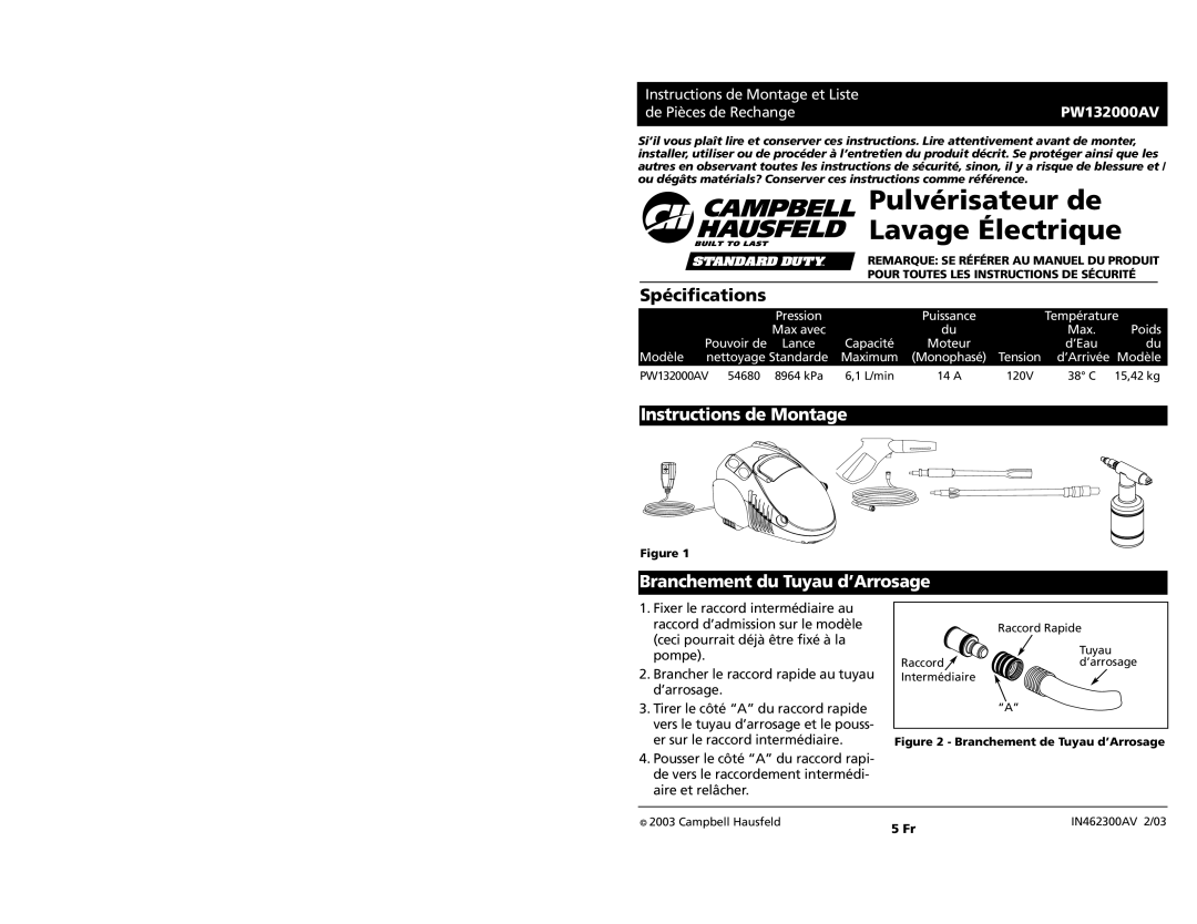 Campbell Hausfeld PW132000AV specifications Pulvérisateur de Lavage Électrique, Spécifications 