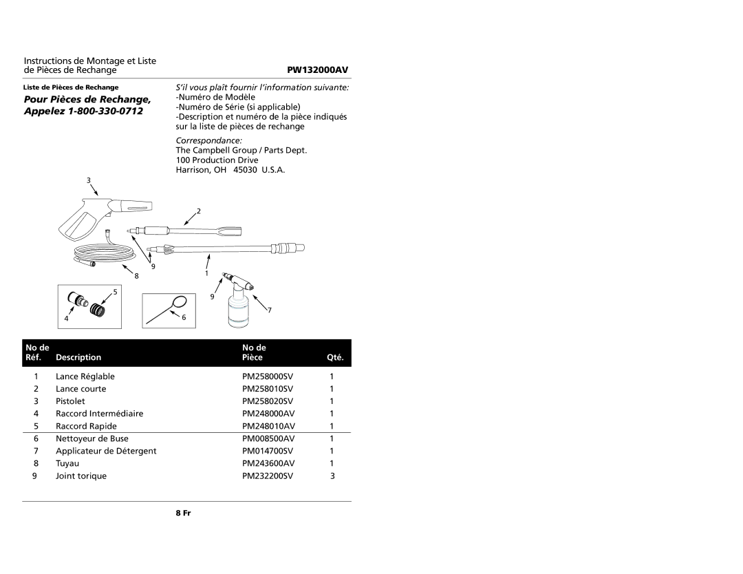 Campbell Hausfeld PW132000AV specifications Pour Pièces de Rechange, Appelez, No de Réf Description Pièce Qté 