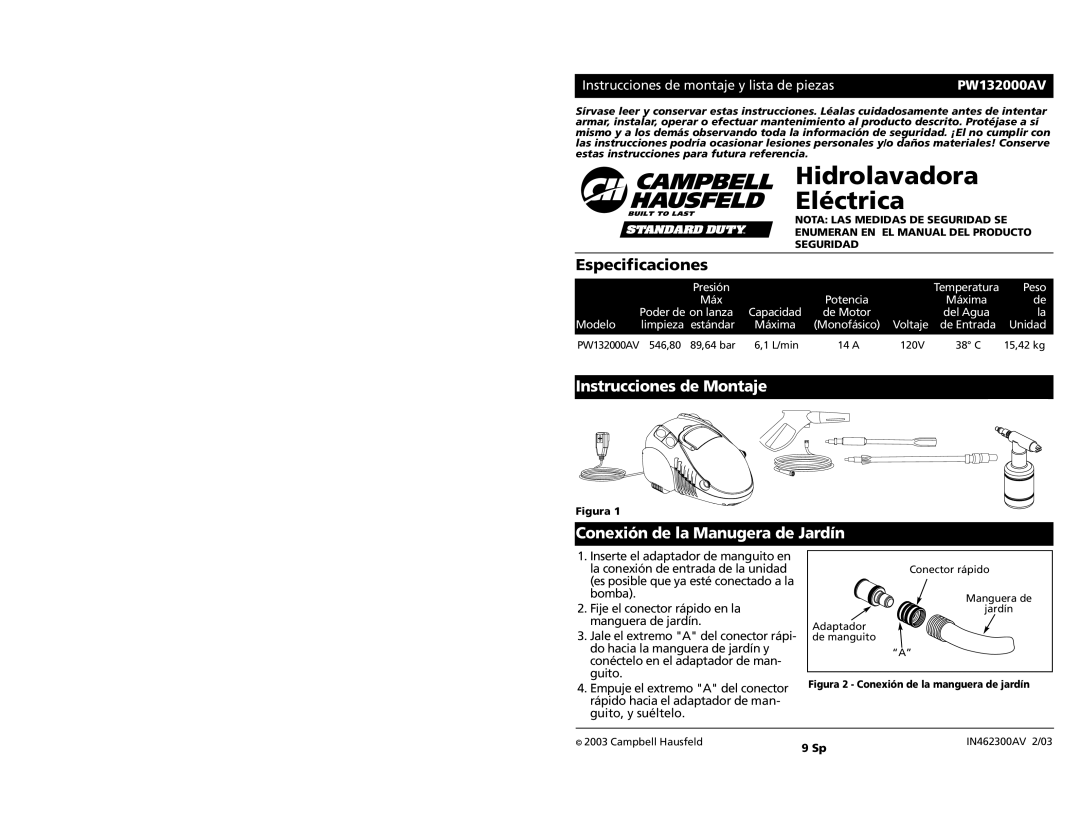 Campbell Hausfeld PW132000AV specifications Hidrolavadora Eléctrica, Especificaciones, Instrucciones de Montaje 