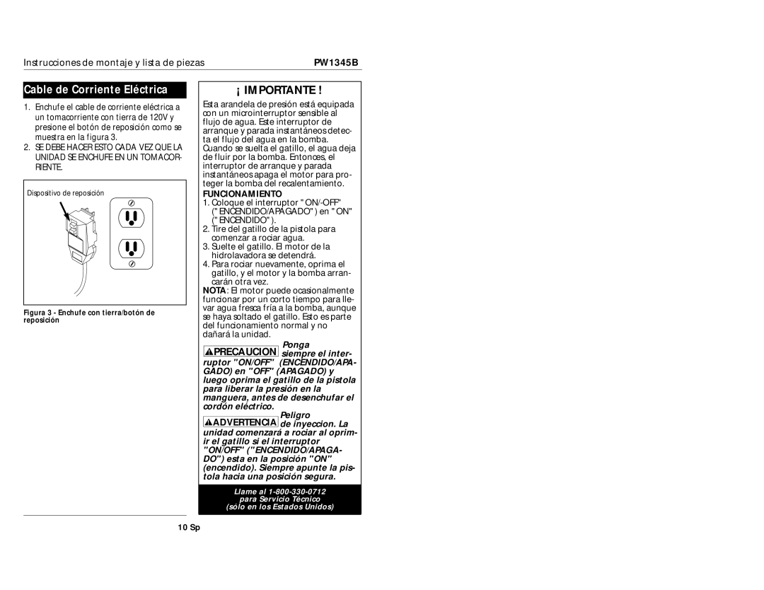 Campbell Hausfeld PW1345B specifications Cable de Corriente Eléctrica, Funcionamiento 