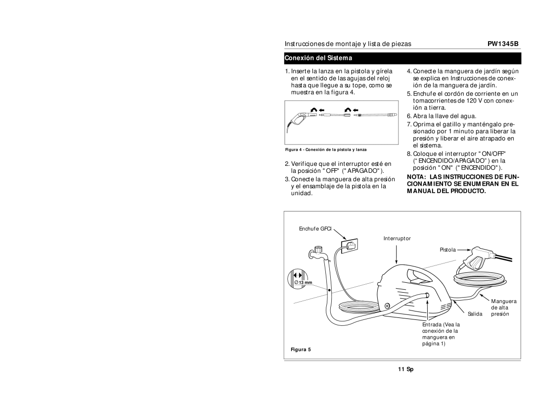 Campbell Hausfeld PW1345B specifications Conexión del Sistema, Figura 4 Conexión de la pistola y lanza 