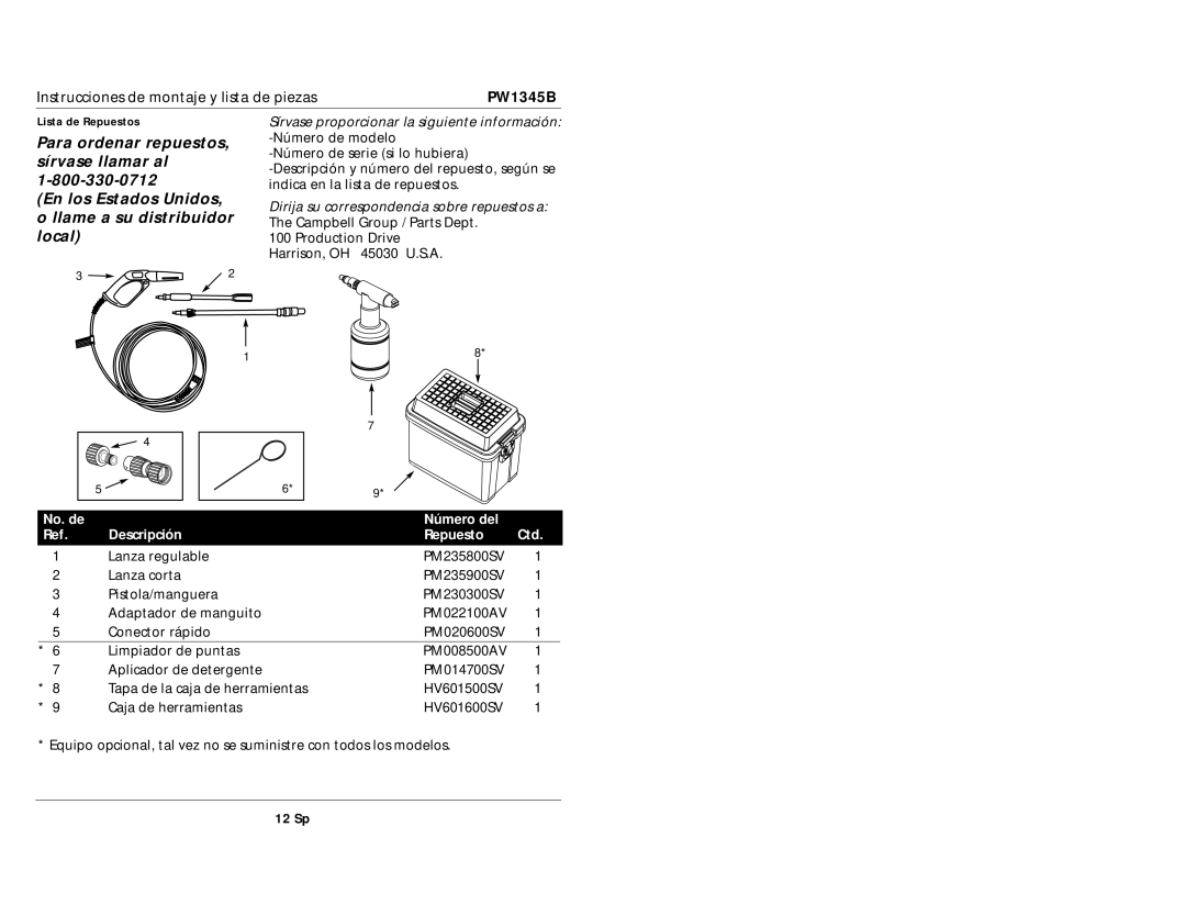 Campbell Hausfeld PW1345B specifications No. de Número del Descripción Repuesto Ctd 