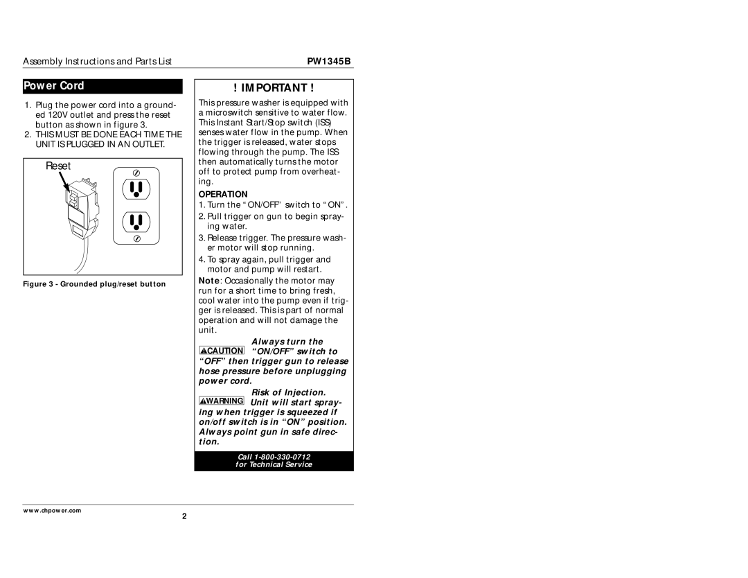 Campbell Hausfeld PW1345B specifications Power Cord, Operation 