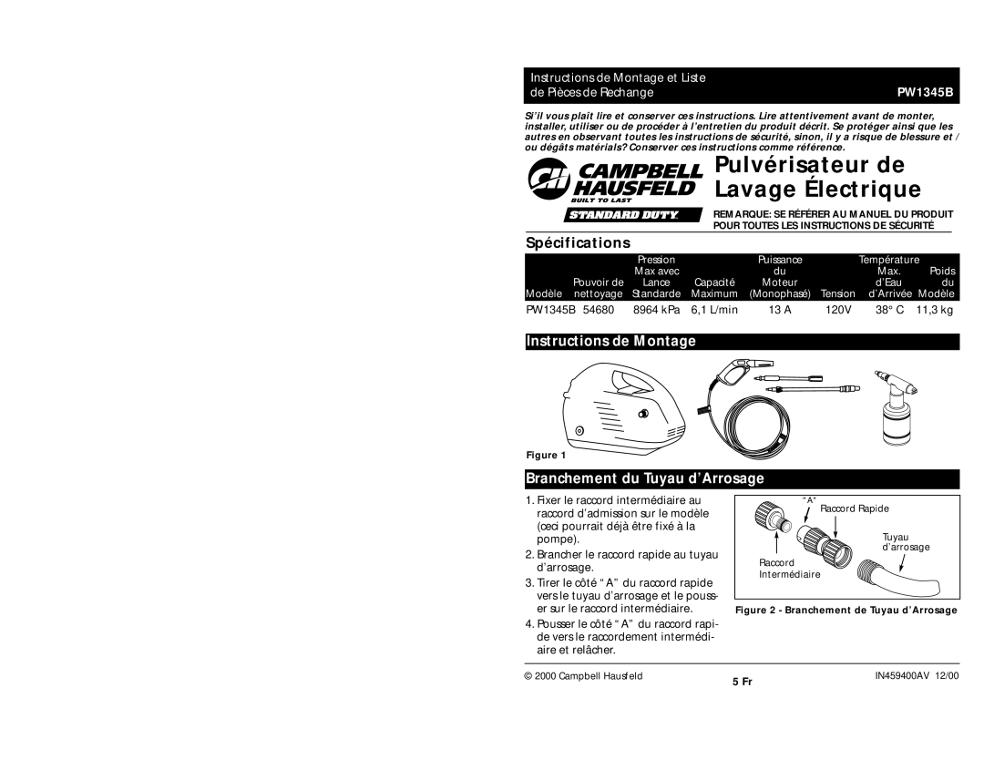 Campbell Hausfeld PW1345B specifications Pulvérisateur de Lavage Électrique, Spécifications 