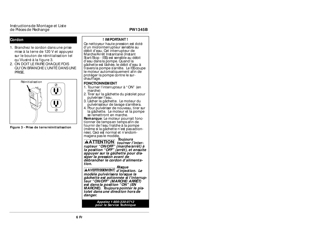 Campbell Hausfeld PW1345B specifications Cordon, Fonctionnement 