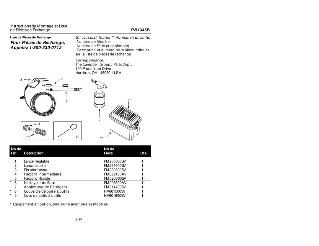 Campbell Hausfeld PW1345B specifications Pour Pièces de Rechange, Appelez, No de Réf Description Pièce Qté 