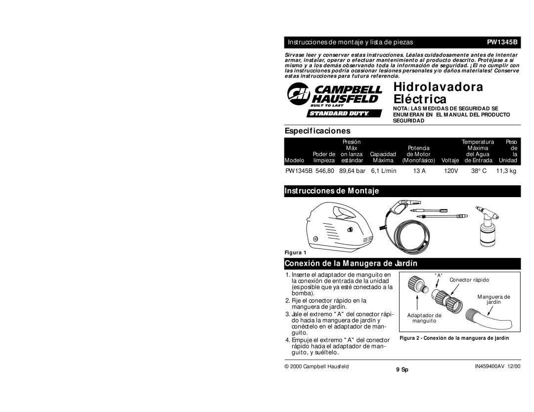 Campbell Hausfeld PW1345B specifications Hidrolavadora Eléctrica, Especificaciones, Instrucciones de Montaje 