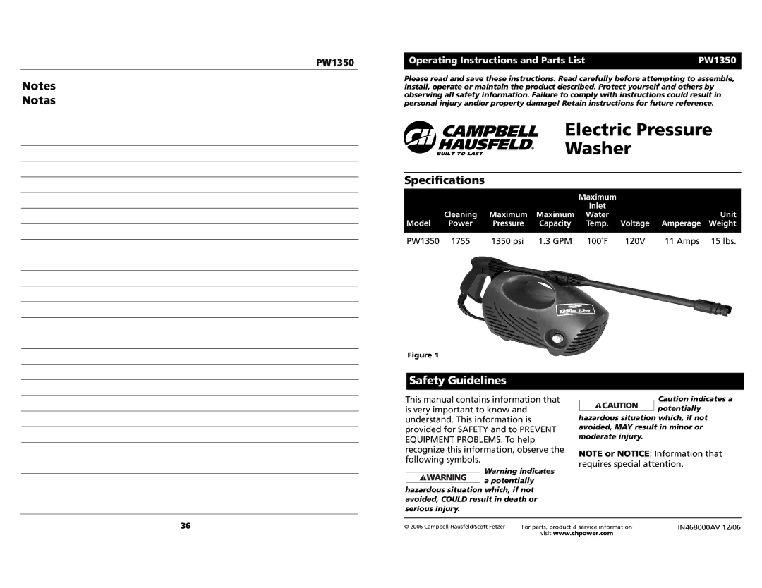 Campbell Hausfeld PW1350 specifications Specifications, Safety Guidelines 