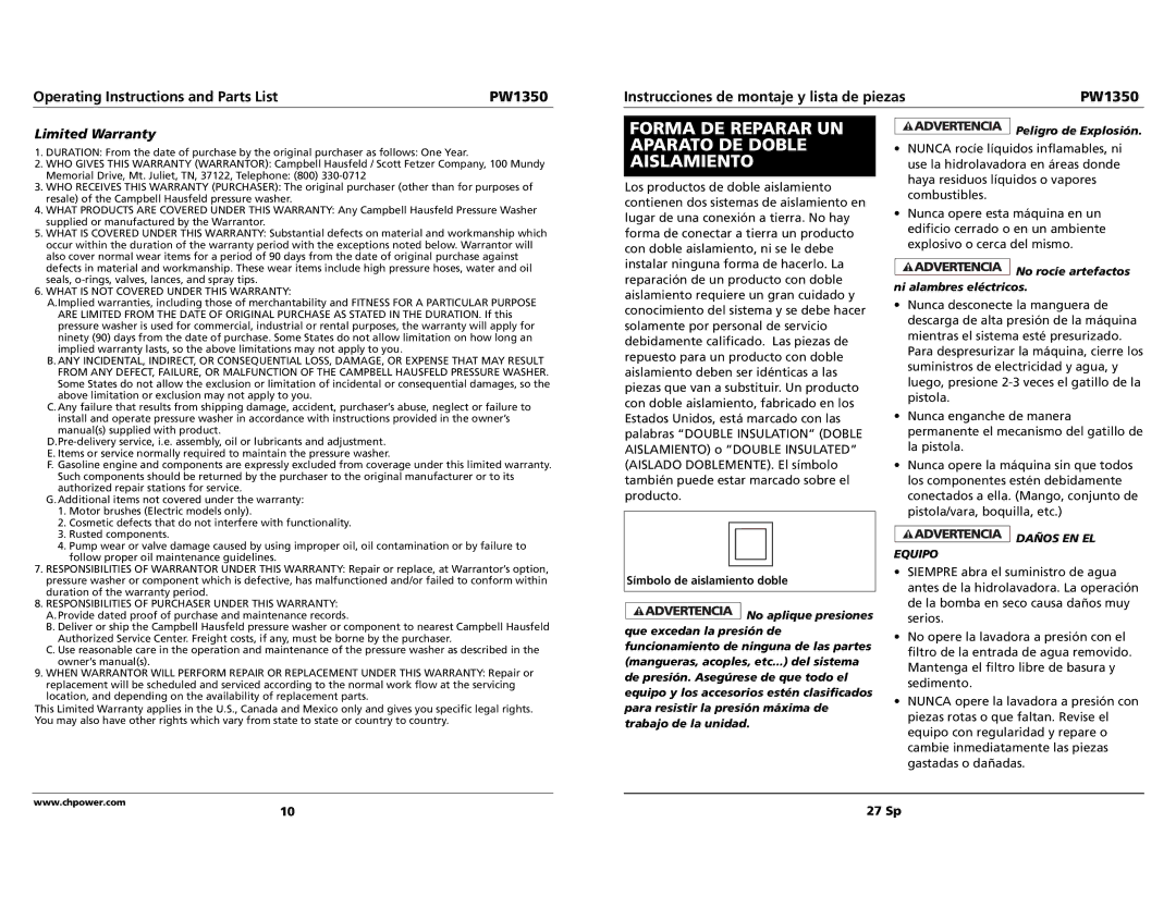 Campbell Hausfeld PW1350 specifications Forma DE Reparar UN Aparato DE Doble Aislamiento, 27 Sp 