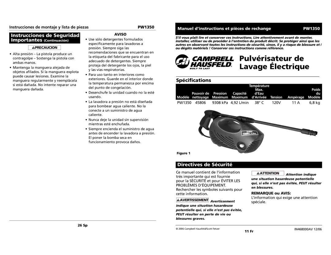 Campbell Hausfeld PW1350 specifications Instrucciones de Seguridad, Spécifications, Directives de Sécurité, 120V 11 a 