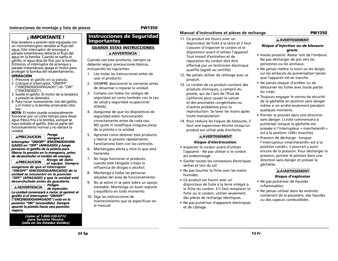 Campbell Hausfeld PW1350 specifications Instrucciones de Seguridad Importantes, Operación, 24 Sp 13 Fr 