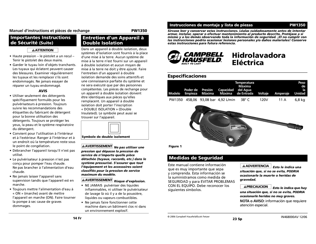 Campbell Hausfeld PW1350 Importantes Instructions de Sécurité Suite, Entretien d’un Appareil à Double Isolation 