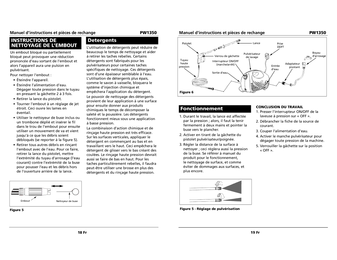 Campbell Hausfeld PW1350 specifications Detergents, Fonctionnement, Conclusion DU Travail, 18 Fr 19 Fr 