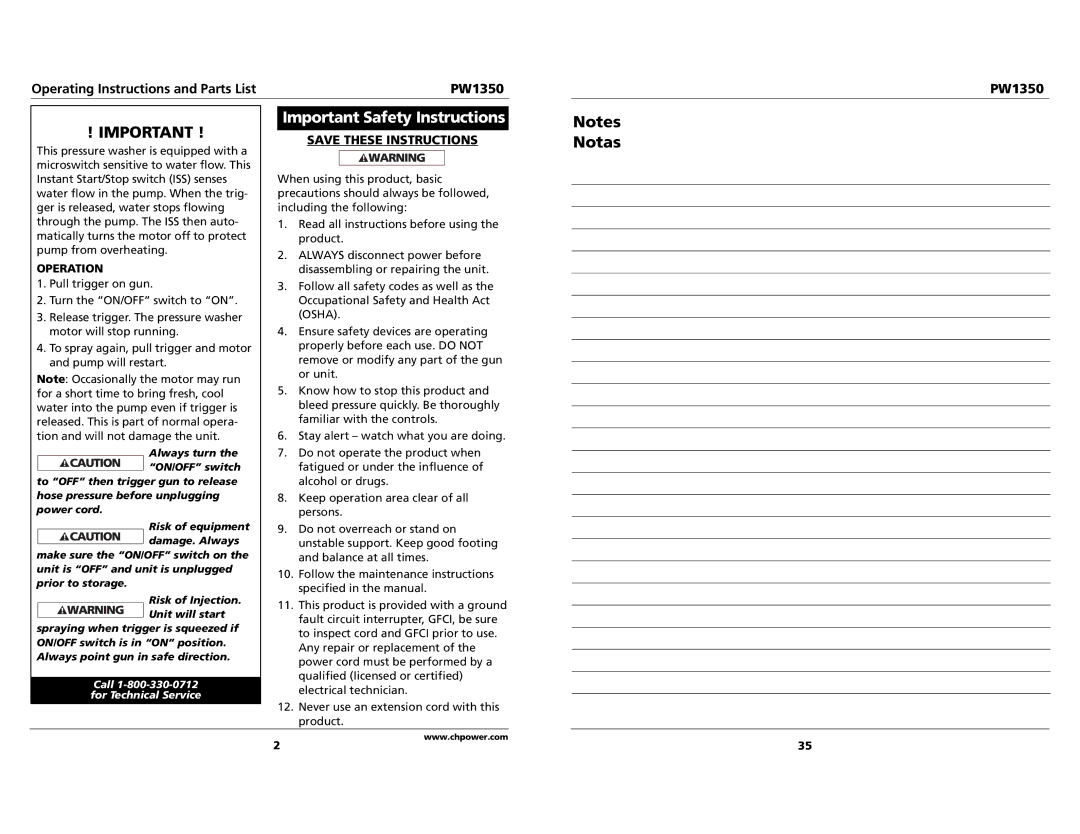 Campbell Hausfeld PW1350 specifications Important Safety Instructions, Operation 