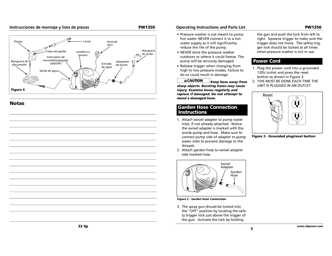 Campbell Hausfeld PW1350 specifications Garden Hose Connection Instructions, Power Cord, 32 Sp 