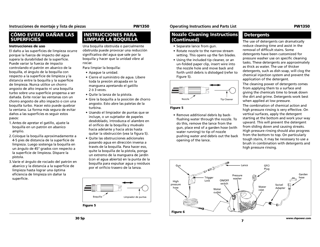 Campbell Hausfeld PW1350 specifications Cómo Evitar Dañar LAS Superficies, Detergents, Instrucciones de uso, 30 Sp 