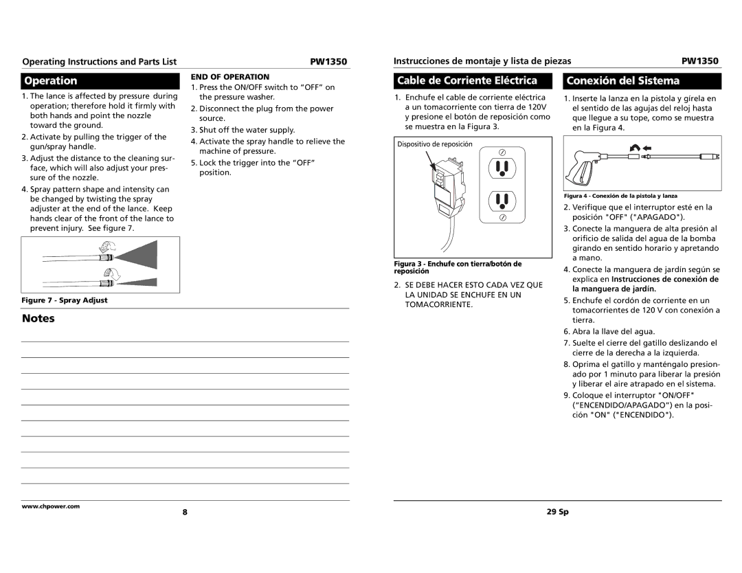 Campbell Hausfeld PW1350 Conexión del Sistema, END of Operation, Press the ON/OFF switch to OFF on, 29 Sp 