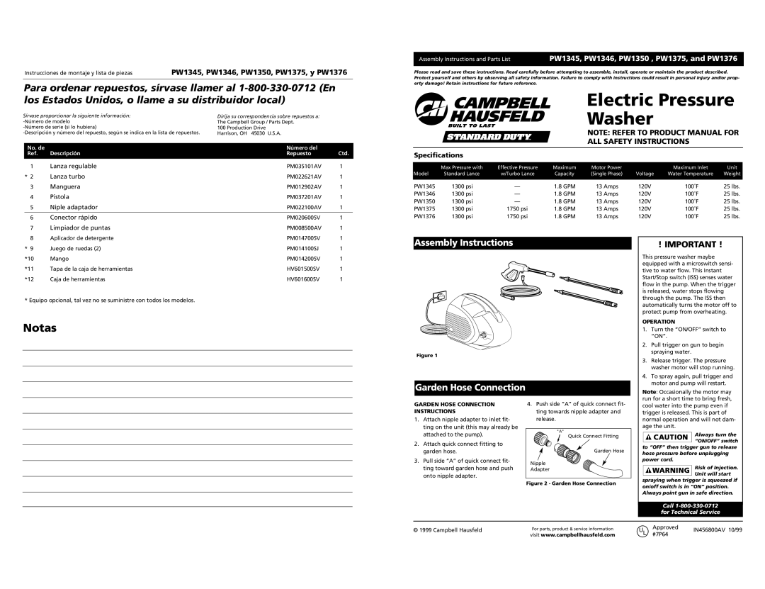 Campbell Hausfeld PW1345, PW1376 specifications Assembly Instructions Garden Hose Connection, Specifications, Operation 