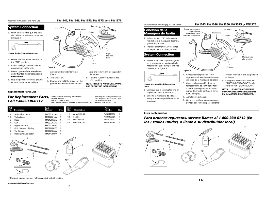 Campbell Hausfeld System Connection, Conexión de la Manugera de Jardín, PW1345, PW1346, PW1350, PW1375, and PW1376 