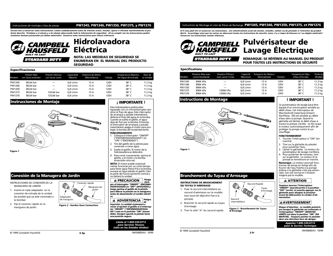 Campbell Hausfeld PW1375 Instrucciones de Montaje, Instructions de Montage Branchement du Tuyau d’Arrosage, Spécifications 