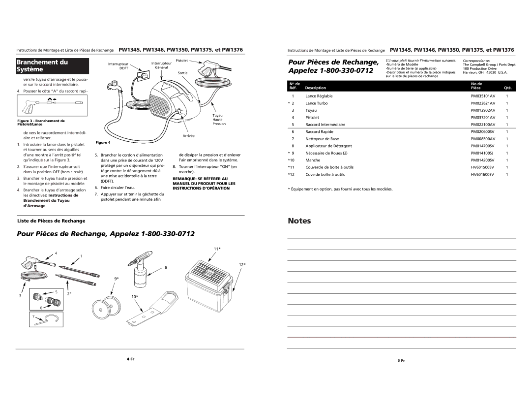 Campbell Hausfeld PW1376, PW1345, PW1346, PW1375 specifications Branchement du Système, Liste de Pièces de Rechange 