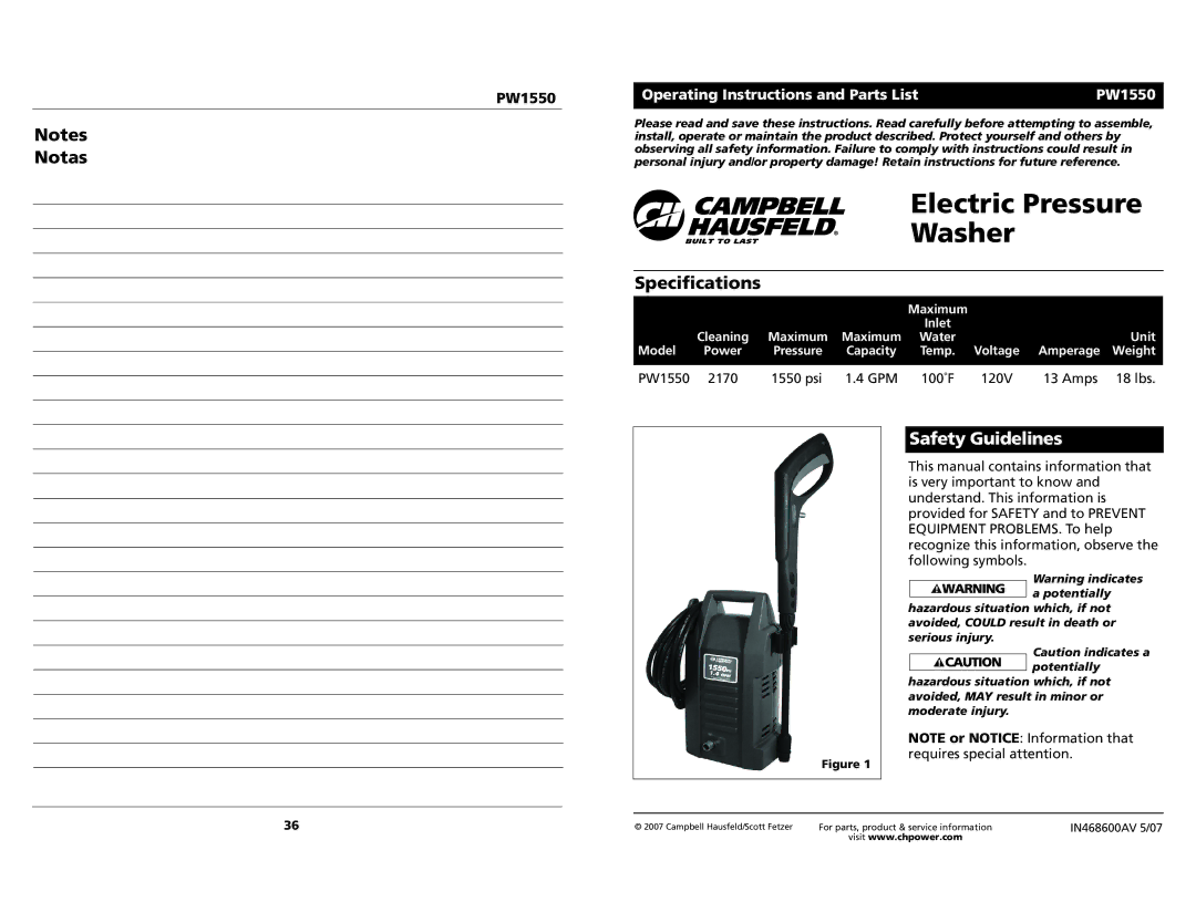 Campbell Hausfeld PW1550 specifications Specifications, Safety Guidelines 