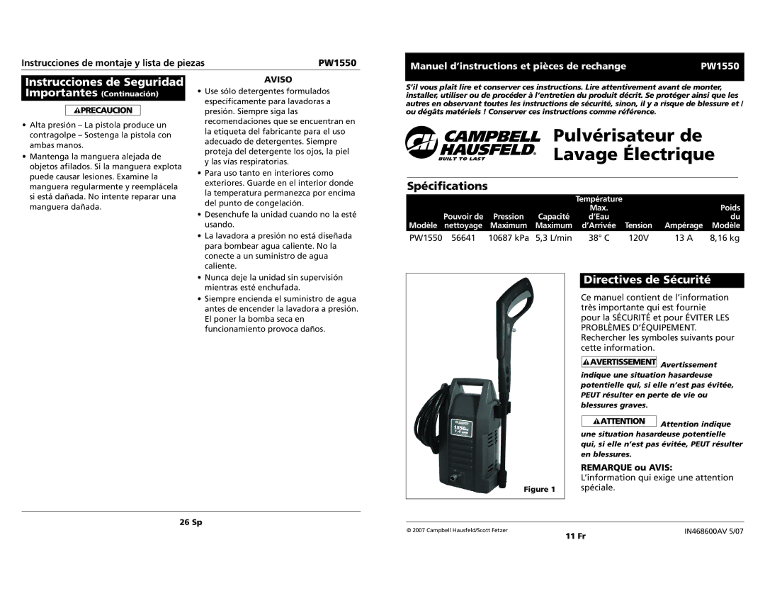 Campbell Hausfeld PW1550 specifications Instrucciones de Seguridad, Directives de Sécurité 