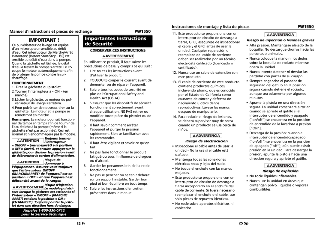 Campbell Hausfeld PW1550 specifications Importantes Instructions de Sécurité, Fonctionnement, Conserver CES Instructions 