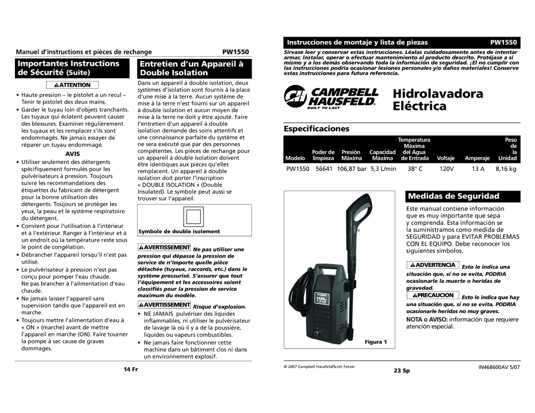 Campbell Hausfeld PW1550 Importantes Instructions de Sécurité Suite, Entretien d’un Appareil à Double Isolation 