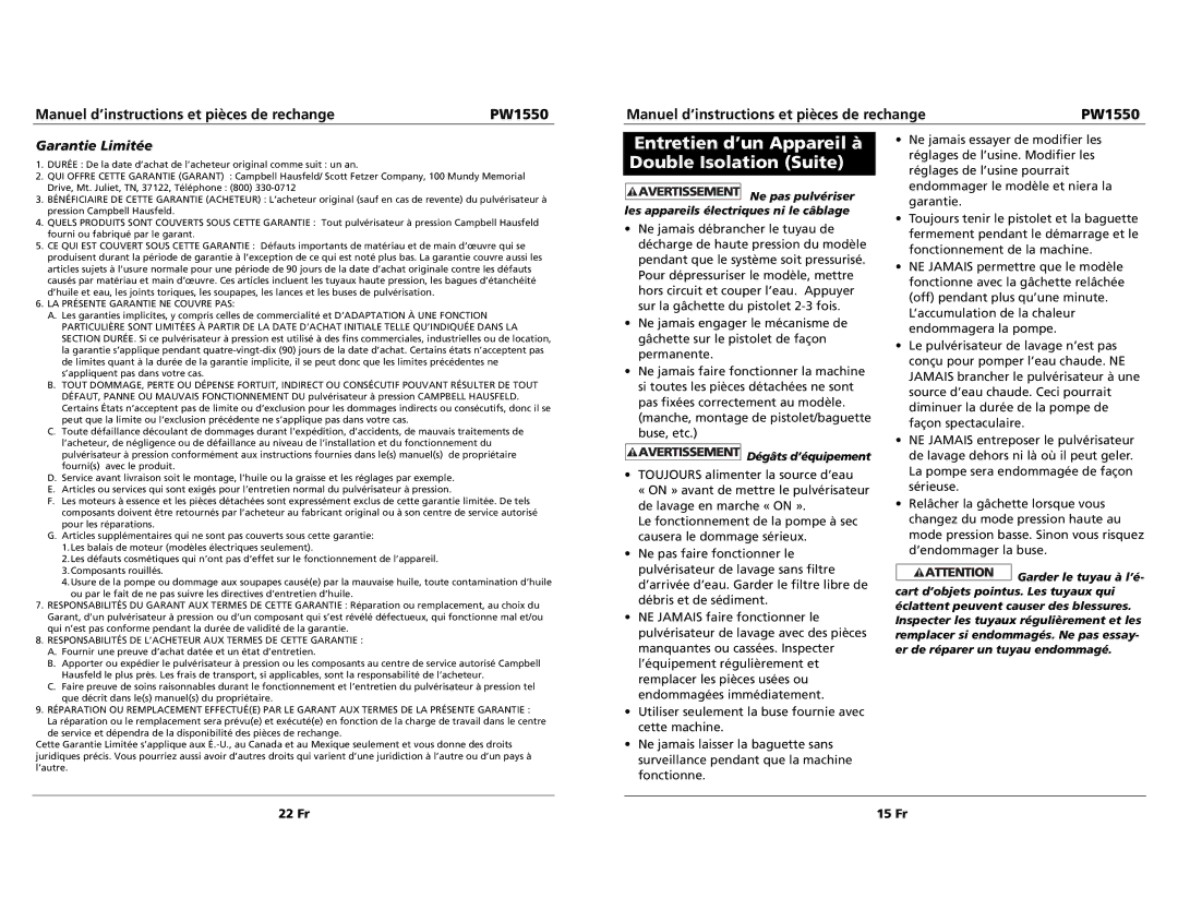 Campbell Hausfeld PW1550 specifications Entretien d’un Appareil à Double Isolation Suite, Garantie Limitée 