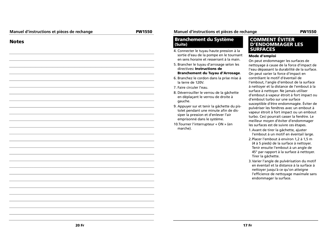 Campbell Hausfeld PW1550 specifications Comment Éviter D’ENDOMMAGER LES Surfaces, Suite 