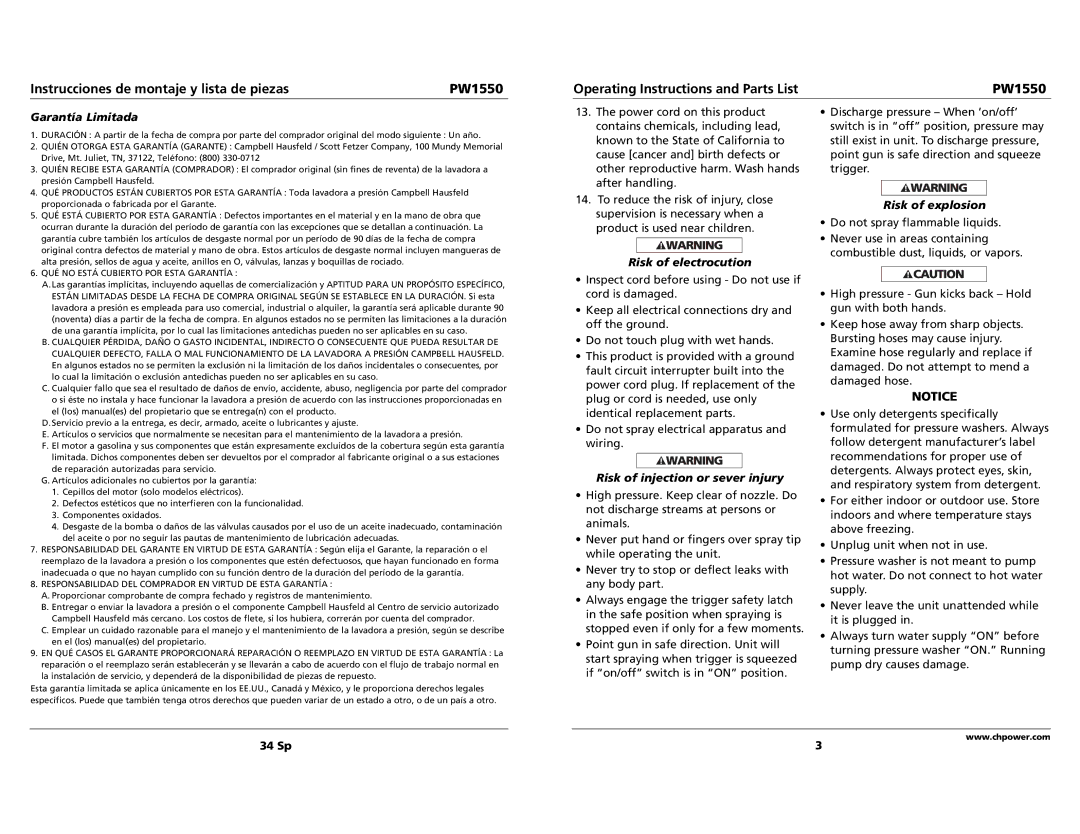 Campbell Hausfeld PW1550 specifications Garantía Limitada 