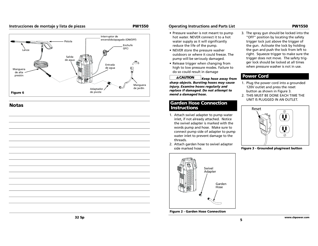 Campbell Hausfeld PW1550 specifications Garden Hose Connection Instructions, Power Cord 