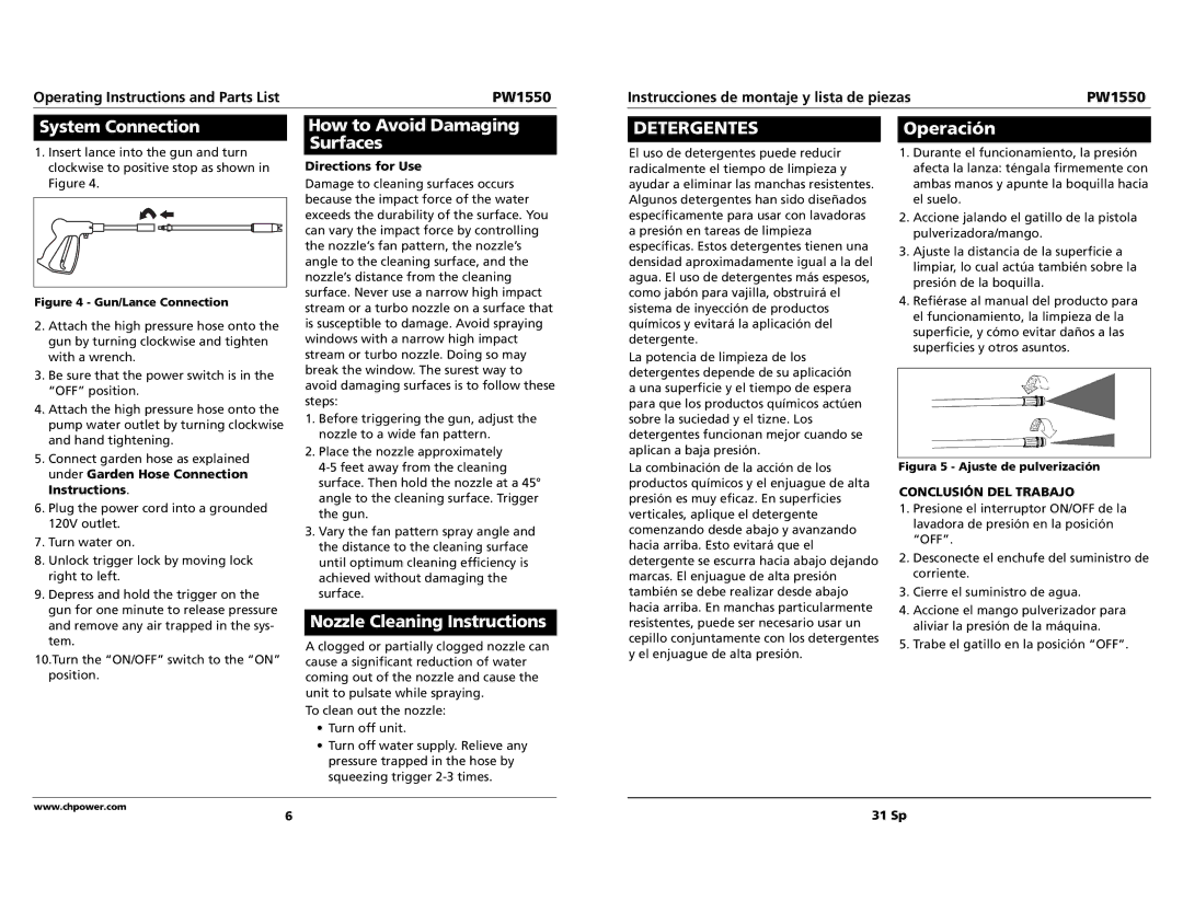 Campbell Hausfeld PW1550 specifications How to Avoid Damaging Surfaces, Detergentes, Operación, System Connection 