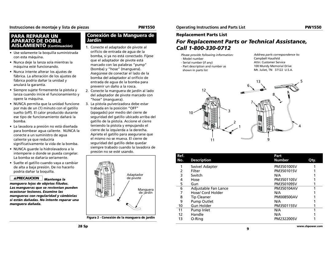 Campbell Hausfeld PW1550 Para Reparar UN Aparato DE Doble, Conexión de la Manguera de Jardín, Part Description Number Qty 