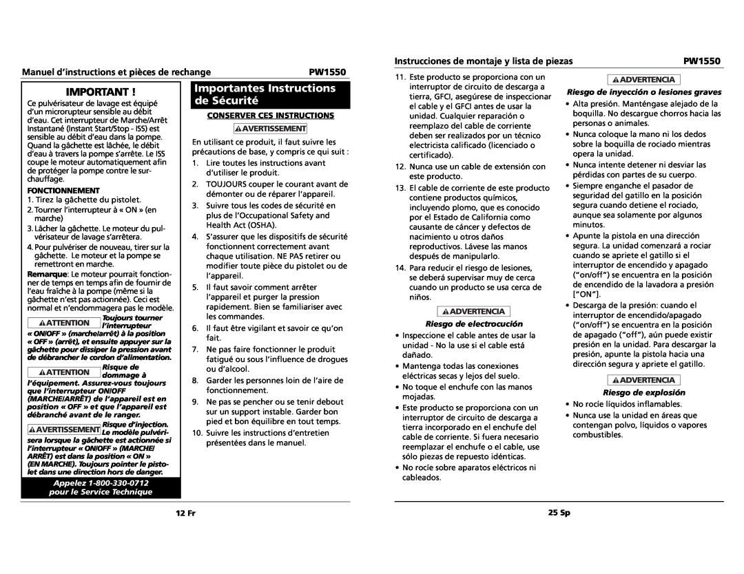 Campbell Hausfeld PW1550 Importantes Instructions de Sécurité, Manuel d’instructions et pièces de rechange, Fonctionnement 