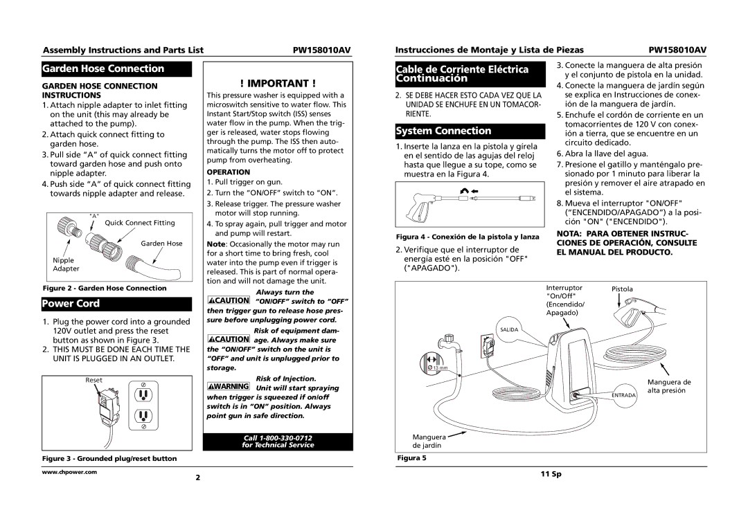 Campbell Hausfeld PW158010AV System Connection, Power Cord, Garden Hose Connection Instructions, Operation 