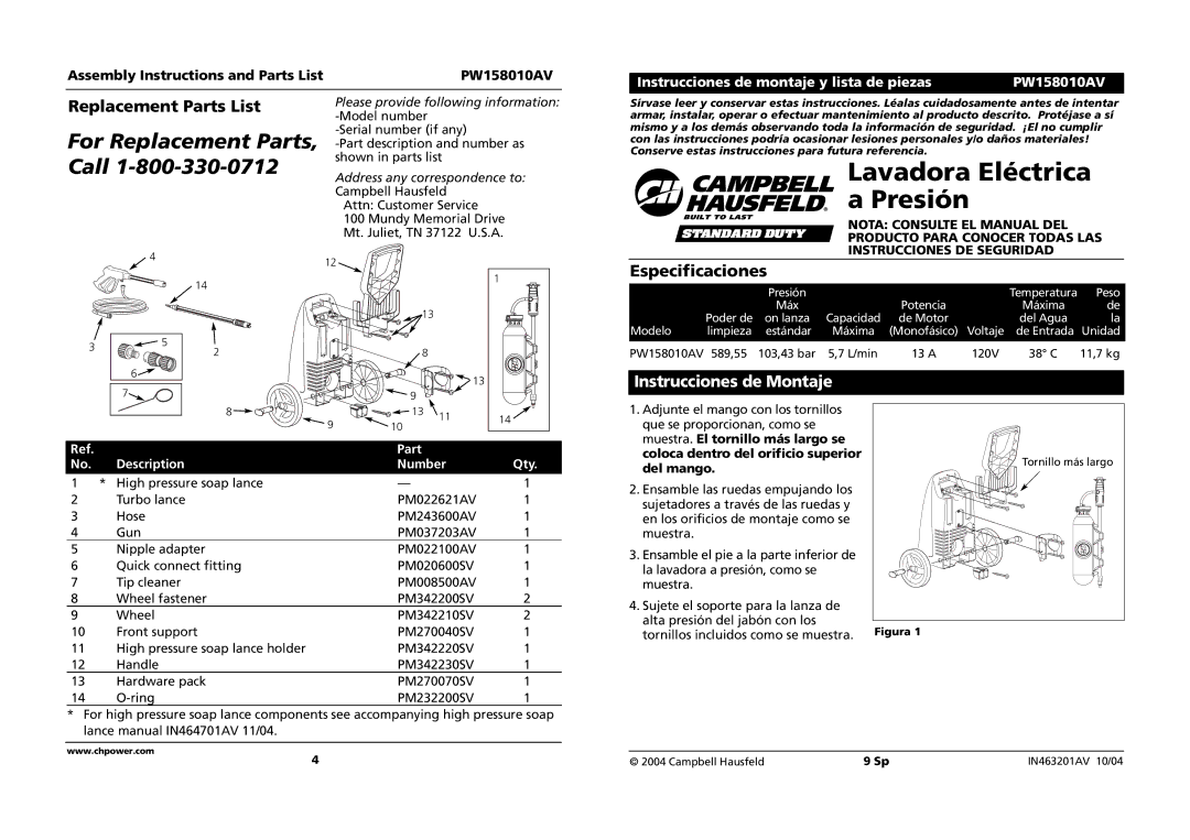 Campbell Hausfeld PW158010AV specifications Lavadora Eléctrica Presión, Especificaciones, Instrucciones de Montaje 