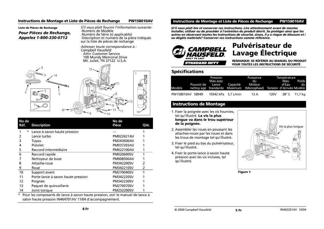 Campbell Hausfeld PW158010AV specifications Pulvérisateur de Lavage Électrique, Spécifications, Instructions de Montage 