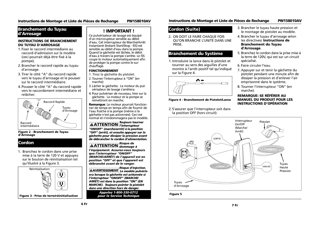 Campbell Hausfeld PW158010AV specifications Branchement du Tuyau d’Arrosage, Cordon Suite, Branchement du Système 