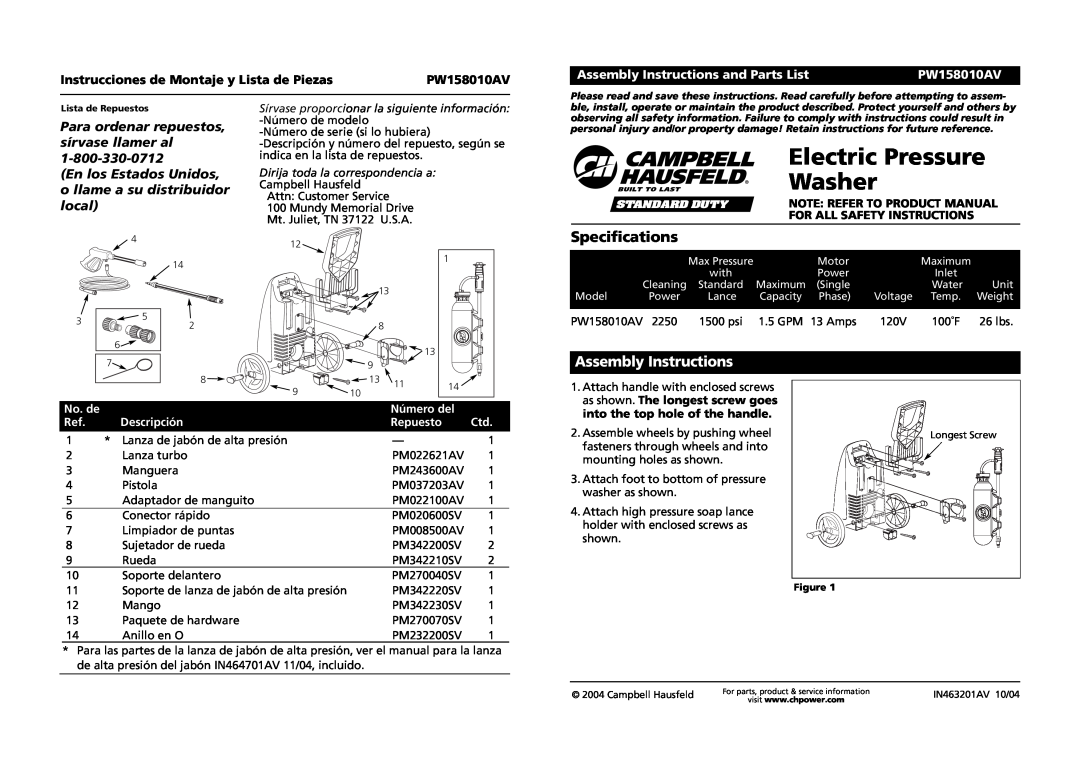 Campbell Hausfeld PW158010AV specifications Electric Pressure Washer, Specifications, Assembly Instructions, GPM 13 Amps 