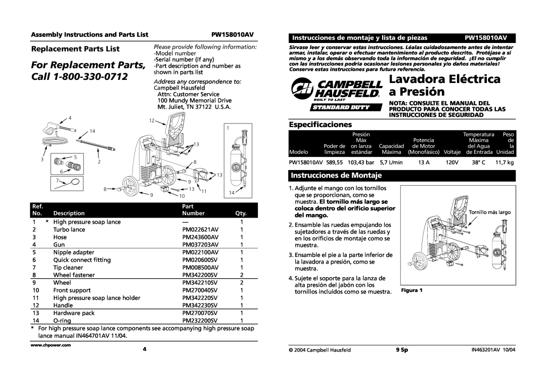 Campbell Hausfeld PW158010AV Lavadora Eléctrica a Presión, Especificaciones, Instrucciones de Montaje, Model number, Part 