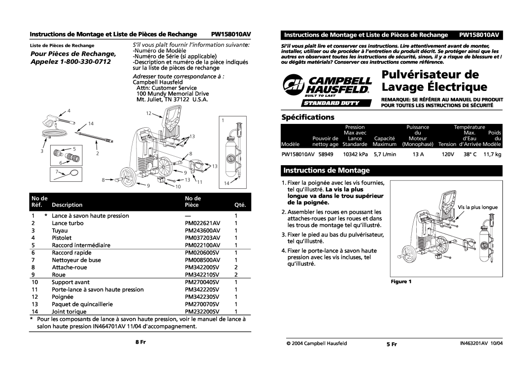 Campbell Hausfeld PW158010AV Pulvérisateur de Lavage Électrique, Spécifications, Instructions de Montage, No de, Pièce 