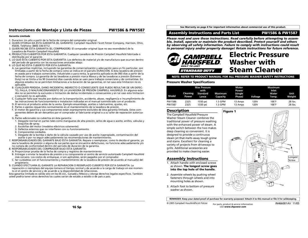 Campbell Hausfeld specifications Instrucciones de Montaje y Lista de Piezas PW1586 & PW1587, Description 