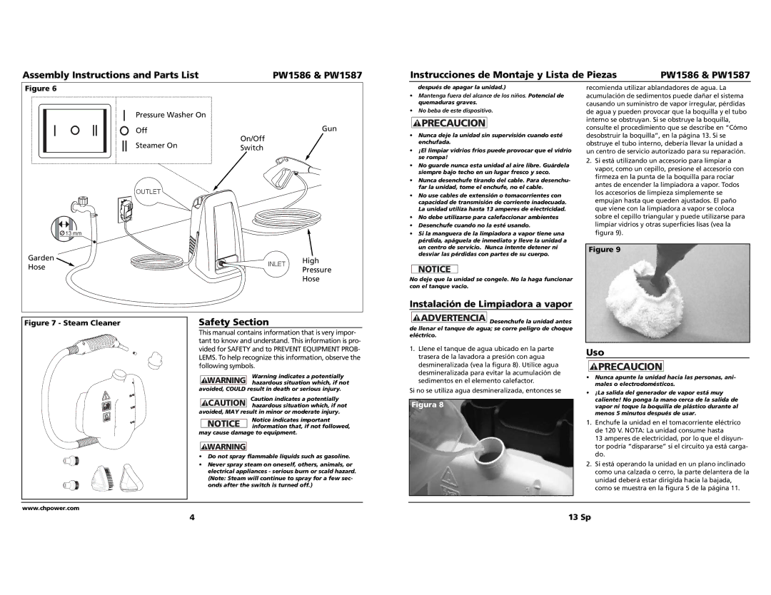 Campbell Hausfeld PW1586, PW1587 specifications Safety Section, Instalación de Limpiadora a vapor, Uso 