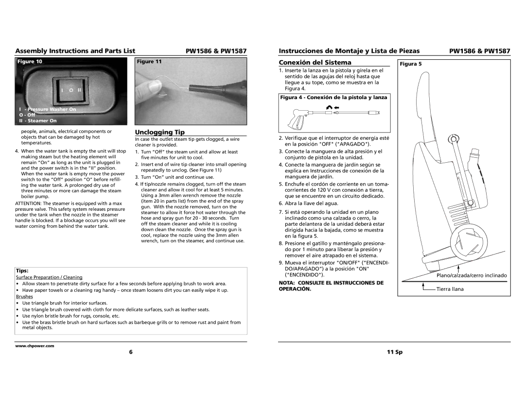 Campbell Hausfeld PW1586, PW1587 specifications Unclogging Tip, Conexión del Sistema 